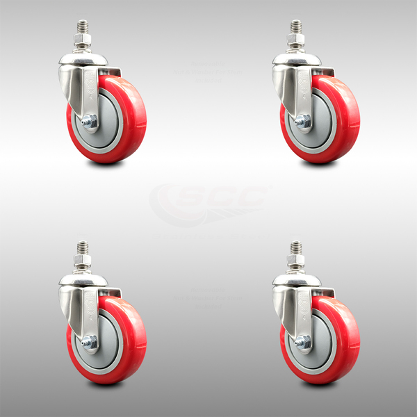 Service Caster 4 Inch 316SS Red Polyurethane Wheel Swivel 10mm Threaded Stem Caster Set SCC-SS316TS20S414-PPUB-RED-M1015-4